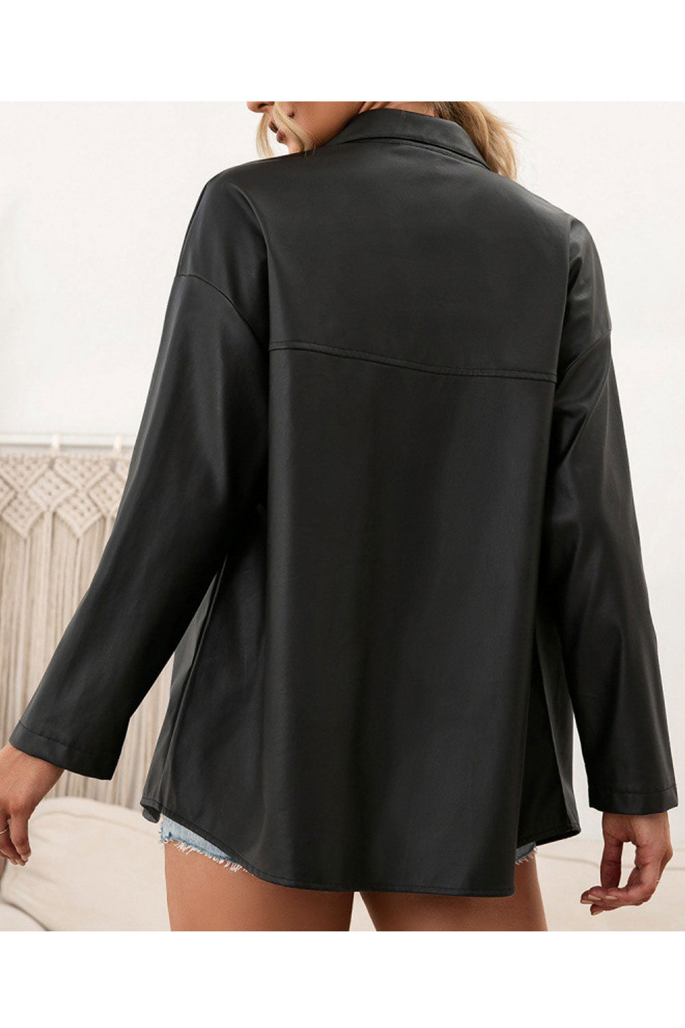 Women Amazing Shirt Style Solid Pattern Front Snap Button Closure Along Flap Pockets Winter Leather Jacket