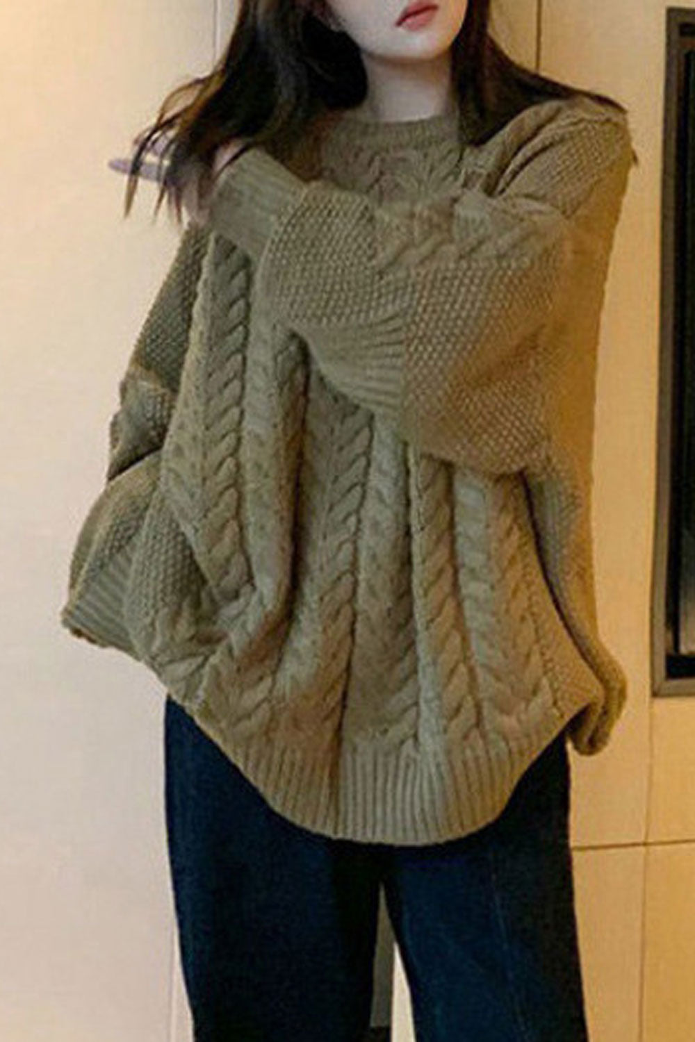 Women Knitted Designed Round Neck Long Sleeve Loose Fit Warm Winter Sweater