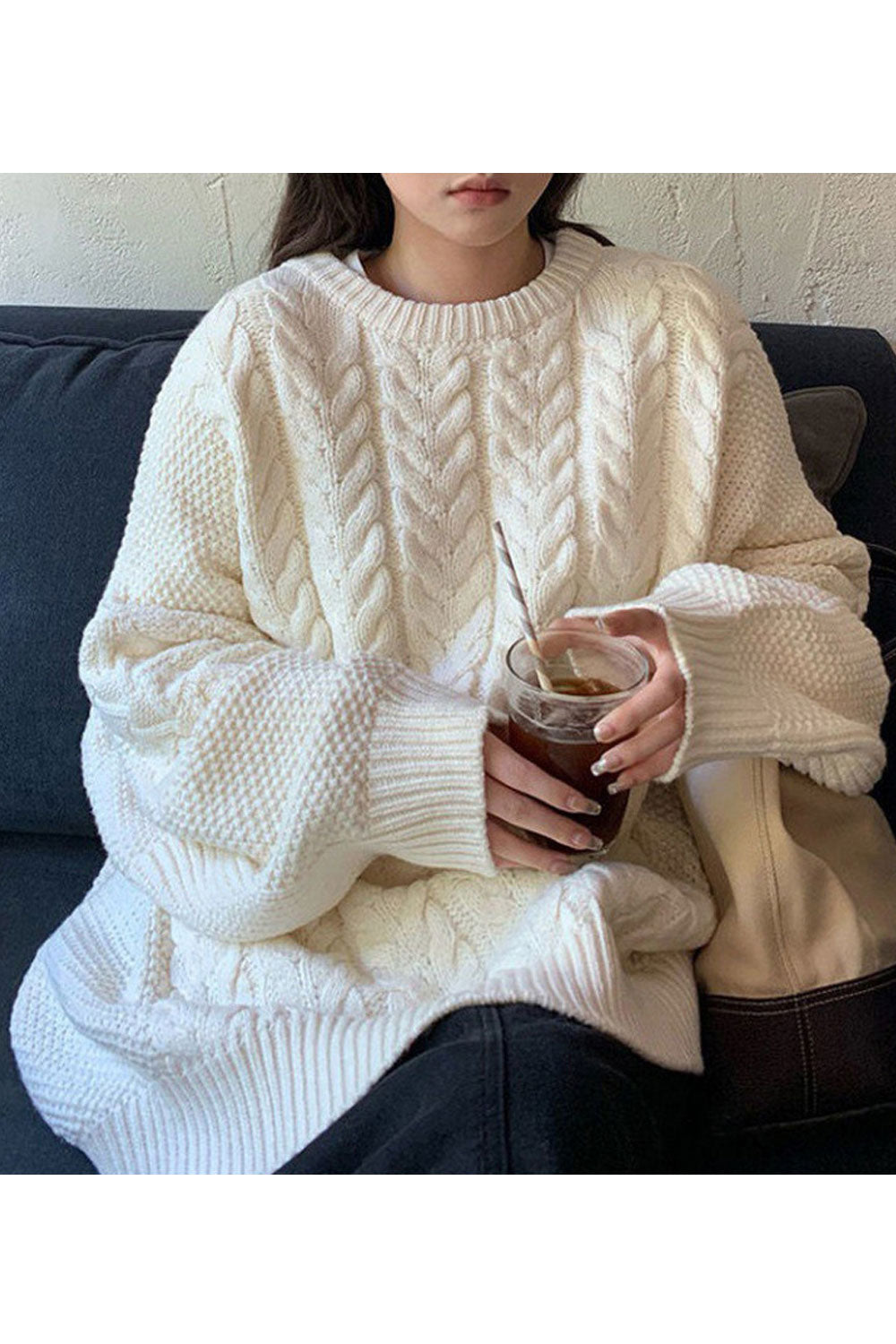 Women Knitted Designed Round Neck Long Sleeve Loose Fit Warm Winter Sweater