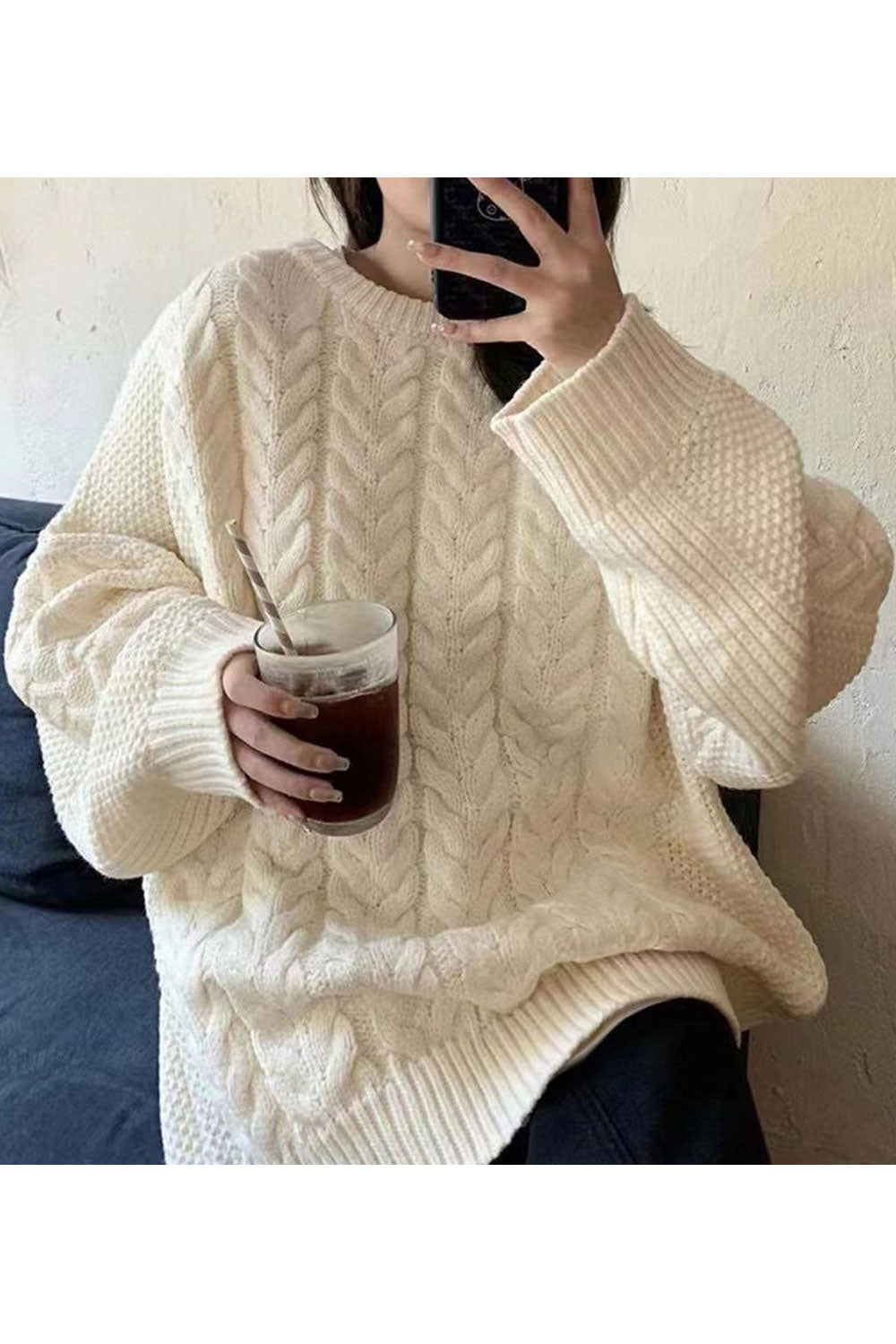 Women Knitted Designed Round Neck Long Sleeve Loose Fit Warm Winter Sweater