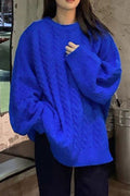 Women Knitted Designed Round Neck Long Sleeve Loose Fit Warm Winter Sweater
