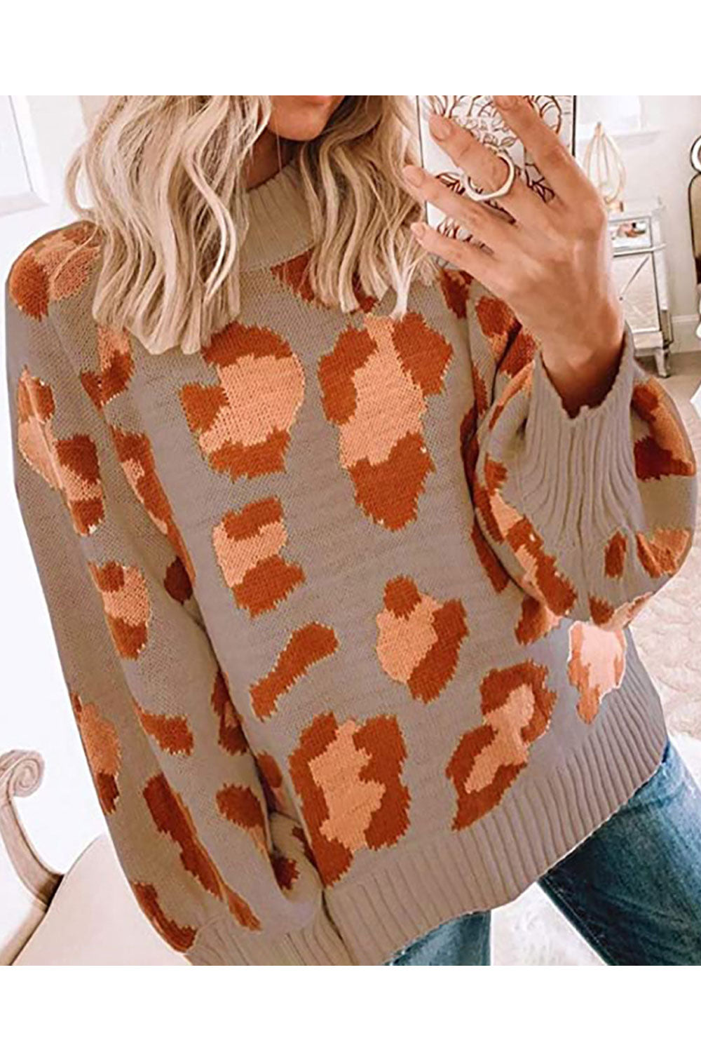 Women Loose Fit Leopard Printed Comfy Round Neck Pullover Winter Warm Sweater