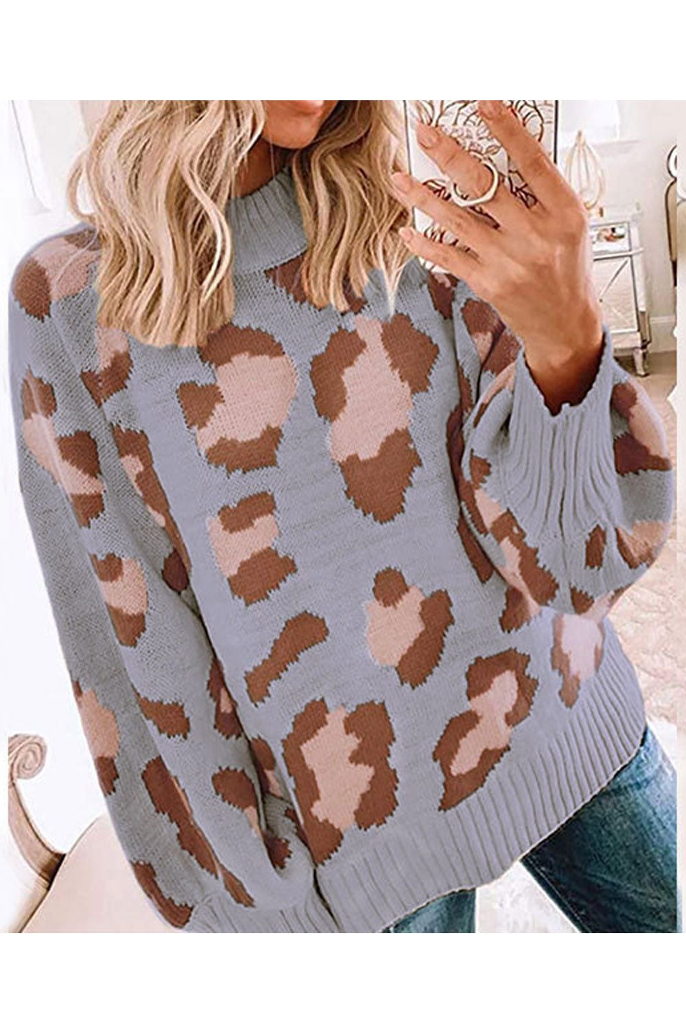 Women Loose Fit Leopard Printed Comfy Round Neck Pullover Winter Warm Sweater