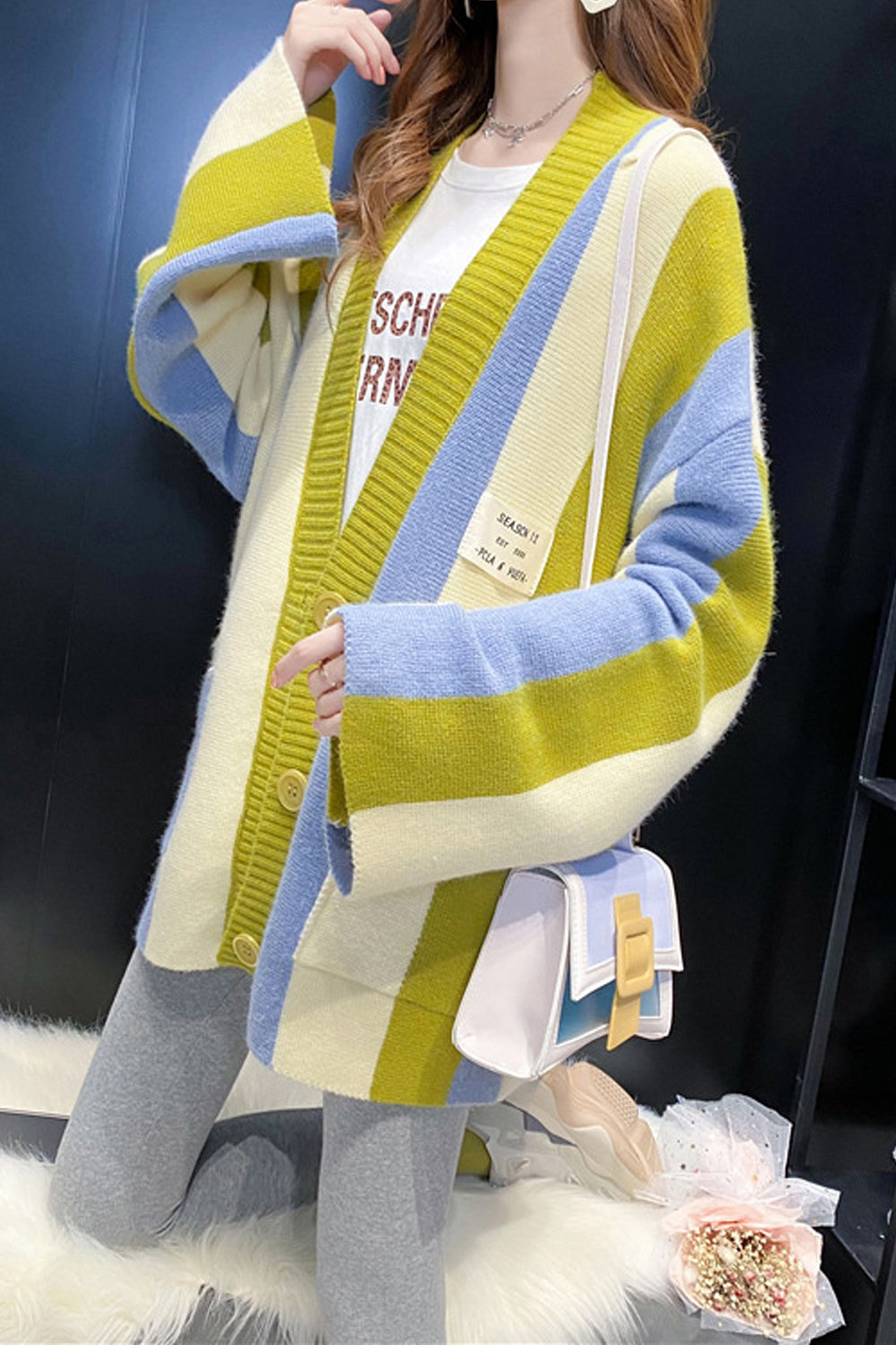 Women Extremely Beautiful Foldable Sleeve Button Closure Colorful Stripe Pattern Knitted Warm Cardigan