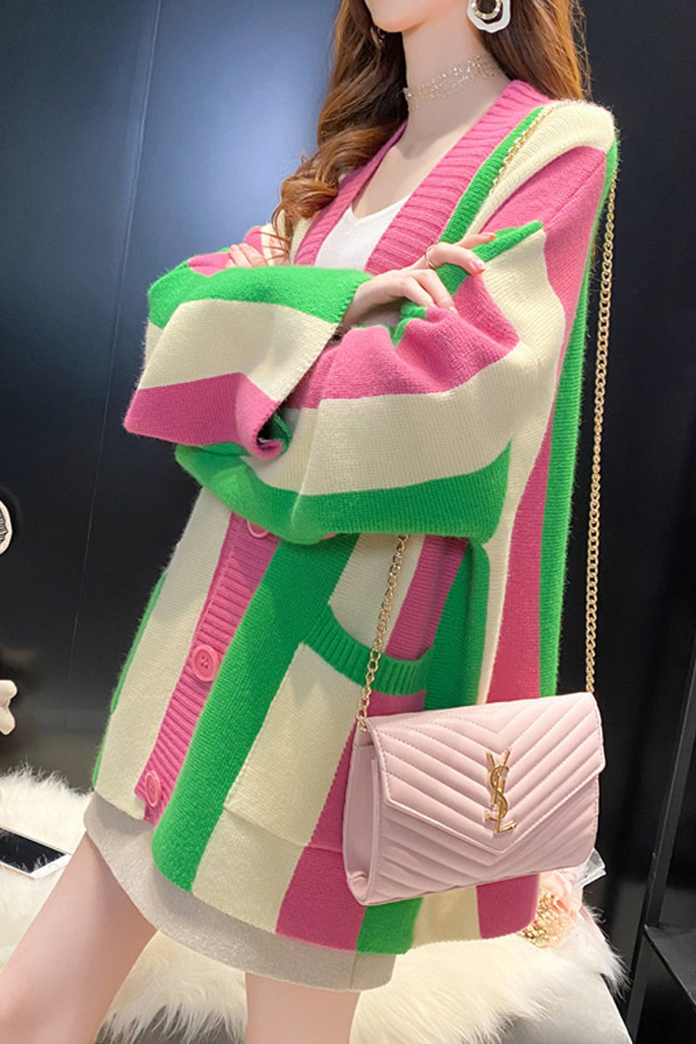 Women Extremely Beautiful Foldable Sleeve Button Closure Colorful Stripe Pattern Knitted Warm Cardigan