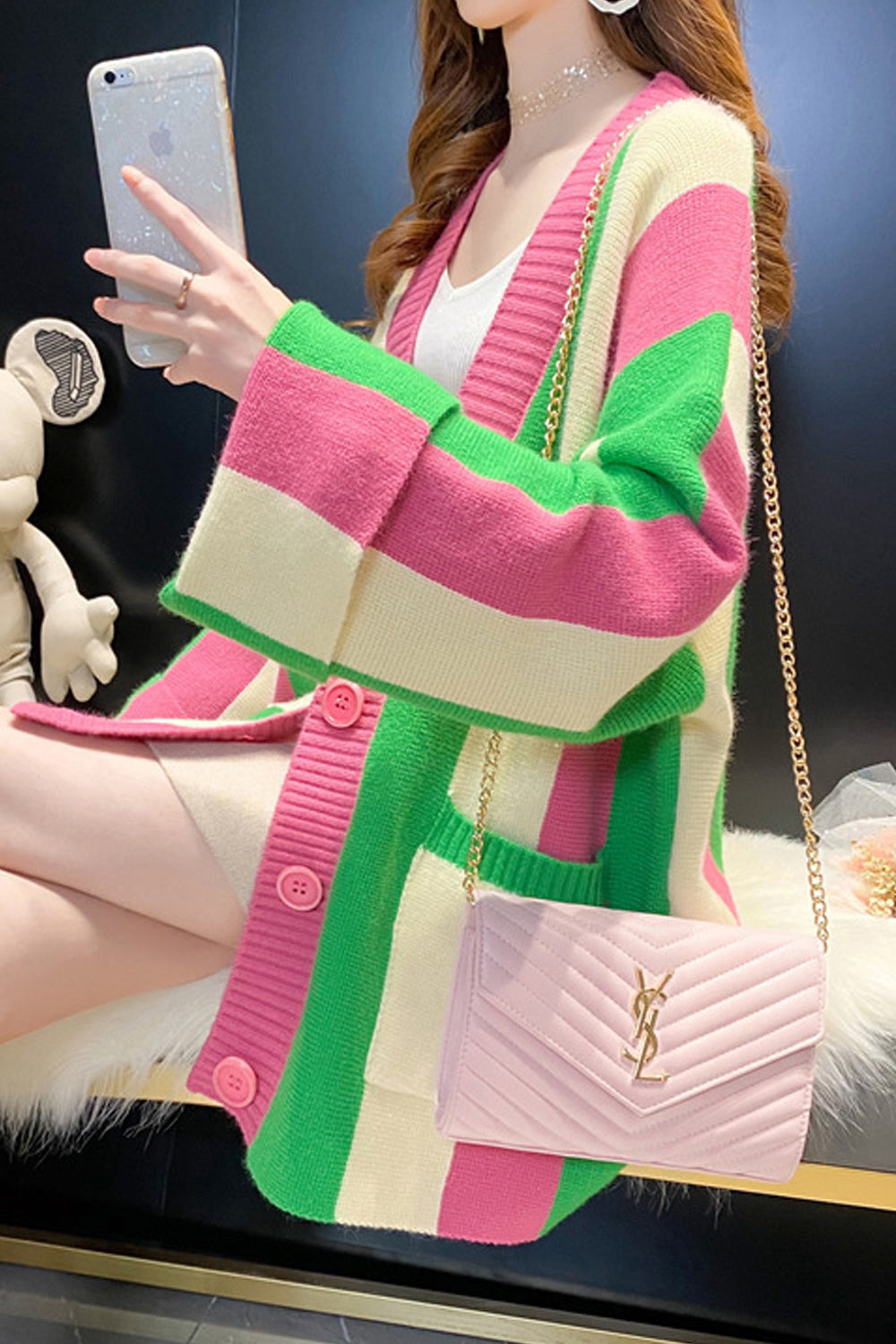 Women Extremely Beautiful Foldable Sleeve Button Closure Colorful Stripe Pattern Knitted Warm Cardigan