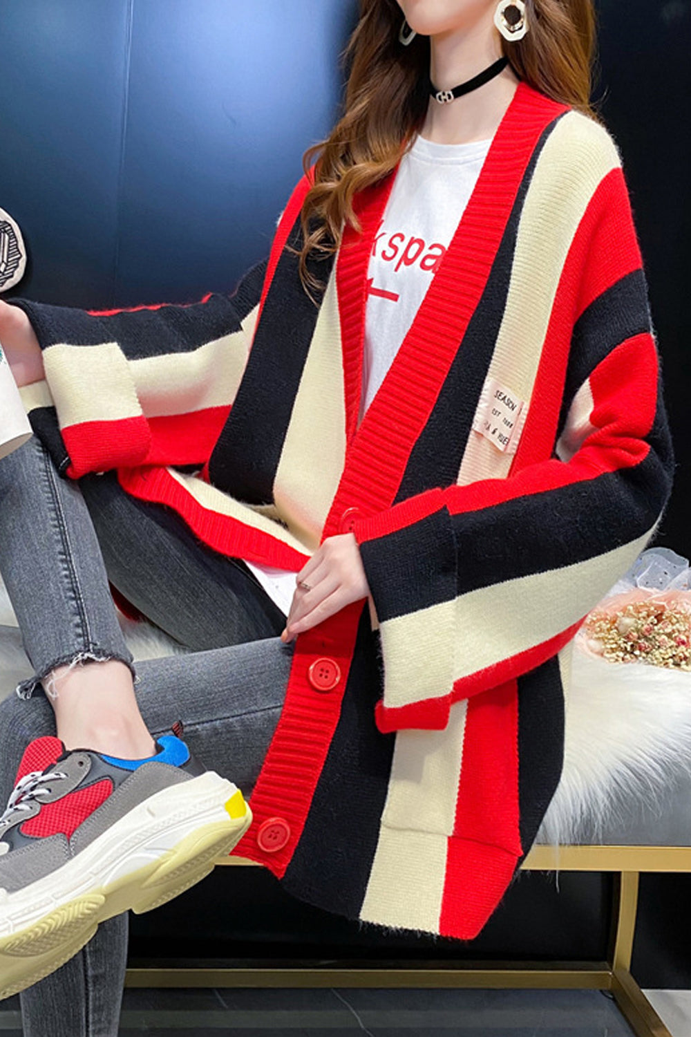 Women Extremely Beautiful Foldable Sleeve Button Closure Colorful Stripe Pattern Knitted Warm Cardigan