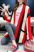 Women Extremely Beautiful Foldable Sleeve Button Closure Colorful Stripe Pattern Knitted Warm Cardigan
