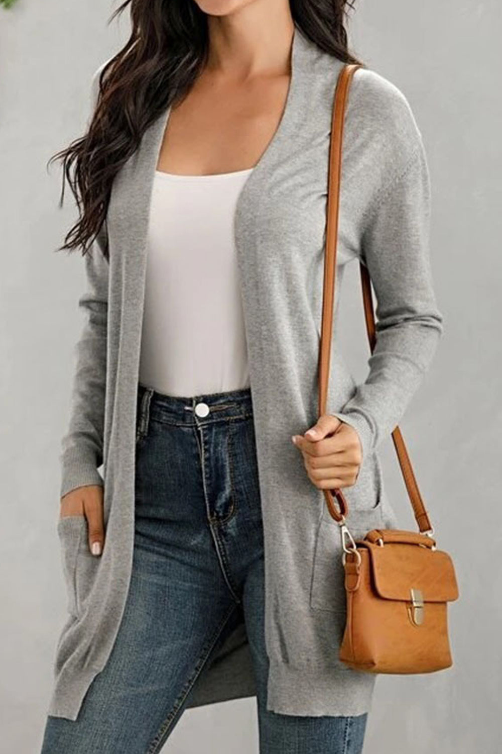 Women Nice Solid Pattern Easily Wearable Long Sleeve Useful Pockets Warm Cardigan