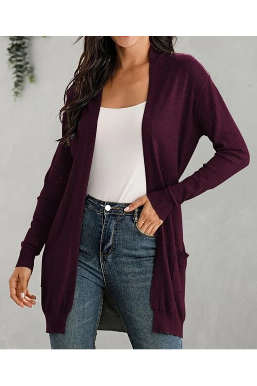 Women Nice Solid Pattern Easily Wearable Long Sleeve Useful Pockets Warm Cardigan
