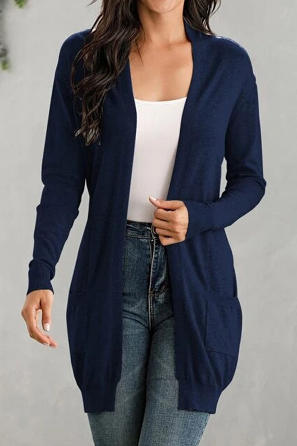 Women Nice Solid Pattern Easily Wearable Long Sleeve Useful Pockets Warm Cardigan