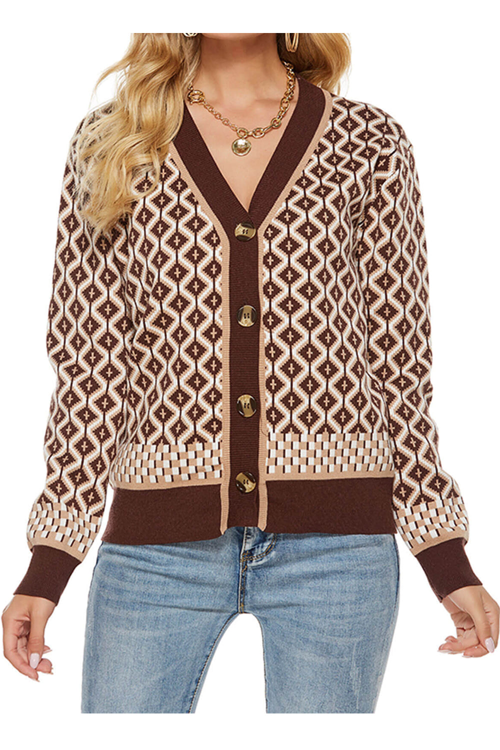 Women Impressive Button Closure V-Neck Printed Pattern Comfy Ribbed Hem & Cuff Warm Winter Cardigan