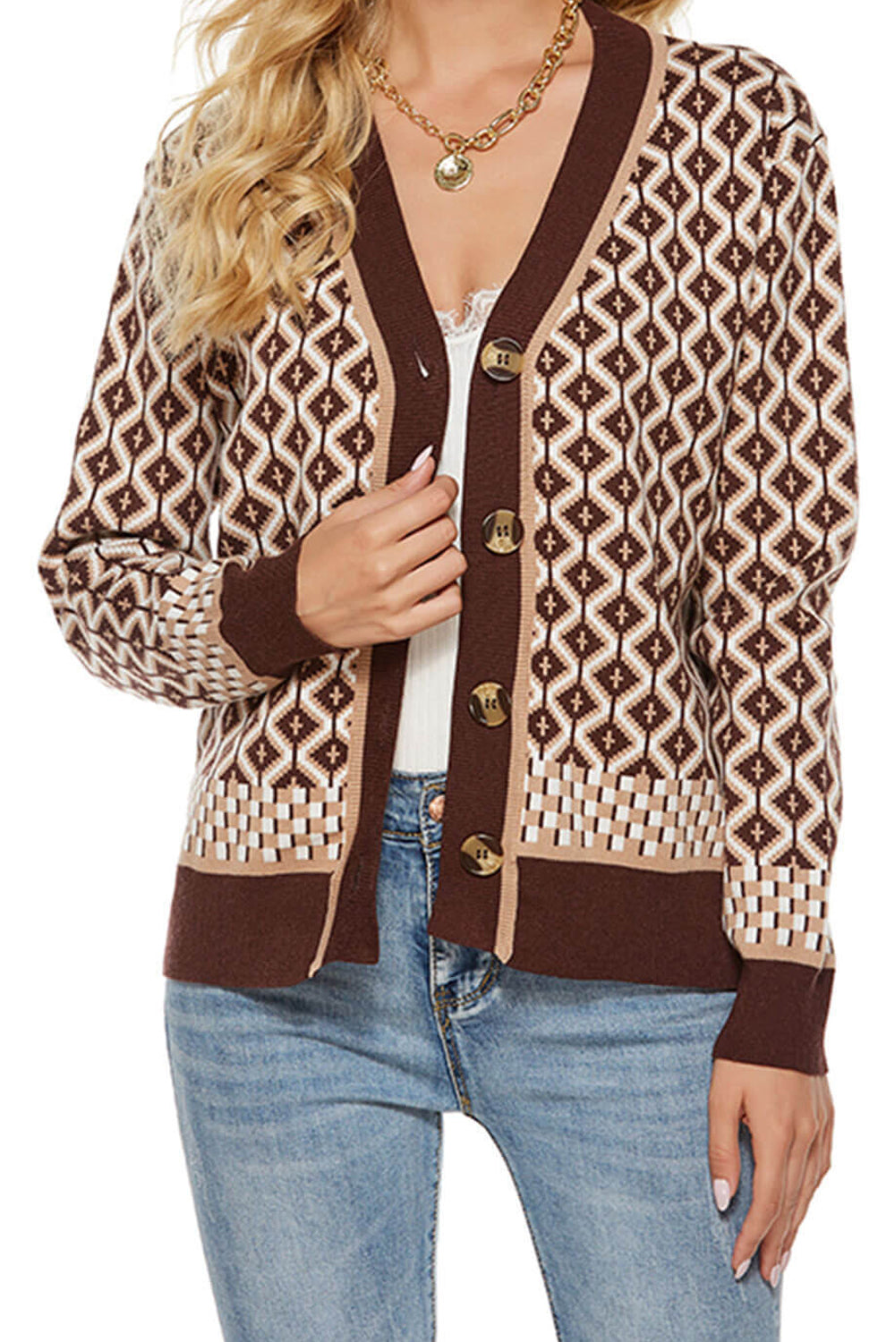 Women Impressive Button Closure V-Neck Printed Pattern Comfy Ribbed Hem & Cuff Warm Winter Cardigan