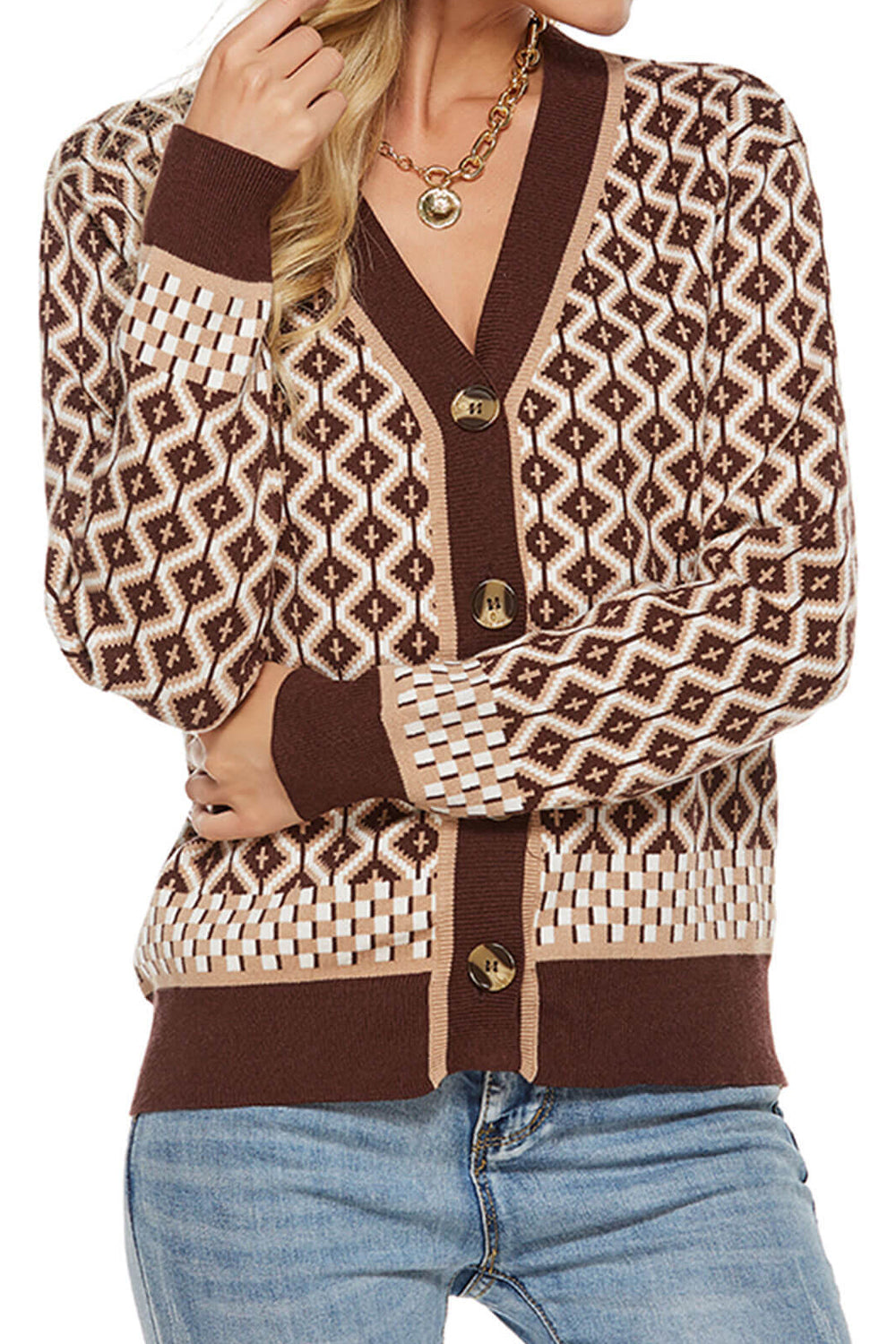 Women Impressive Button Closure V-Neck Printed Pattern Comfy Ribbed Hem & Cuff Warm Winter Cardigan