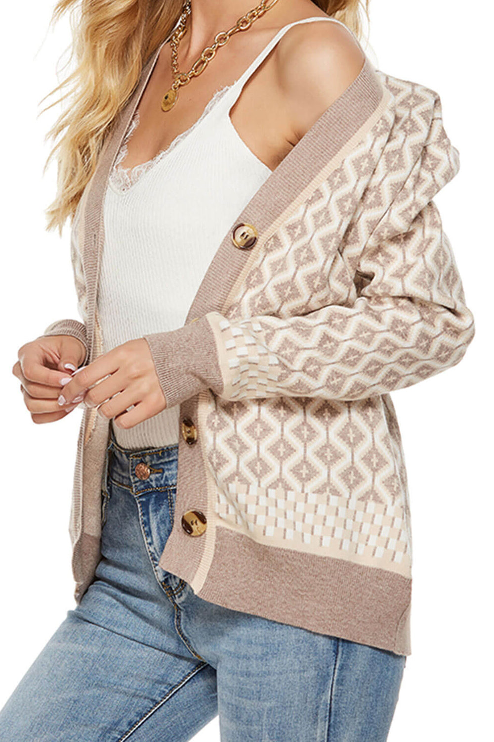 Women Impressive Button Closure V-Neck Printed Pattern Comfy Ribbed Hem & Cuff Warm Winter Cardigan