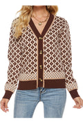 Women Impressive Button Closure V-Neck Printed Pattern Comfy Ribbed Hem & Cuff Warm Winter Cardigan