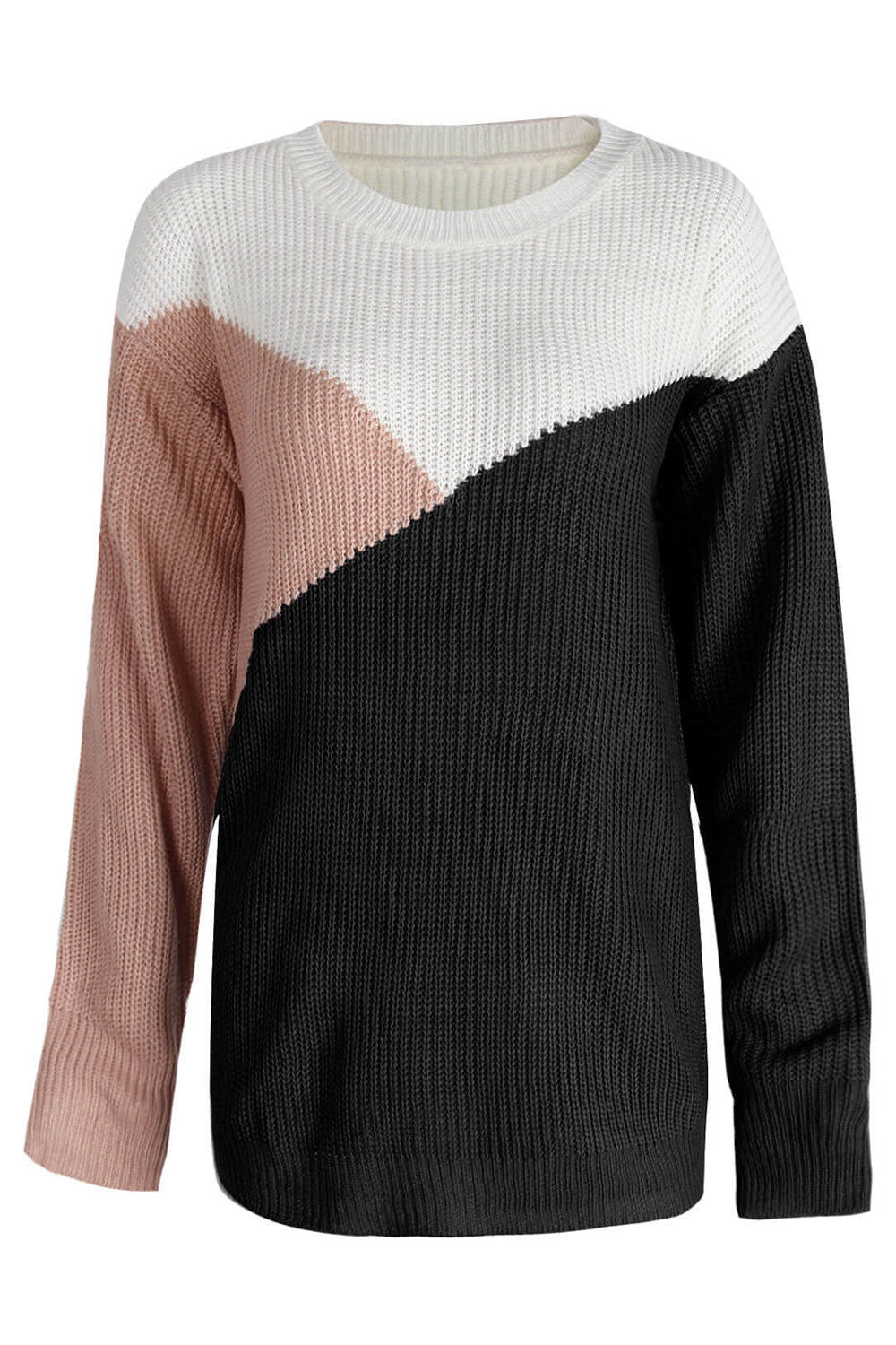Women Beautiful Three-Color Geometric Round Neck Knitted Warm Winter Sweater