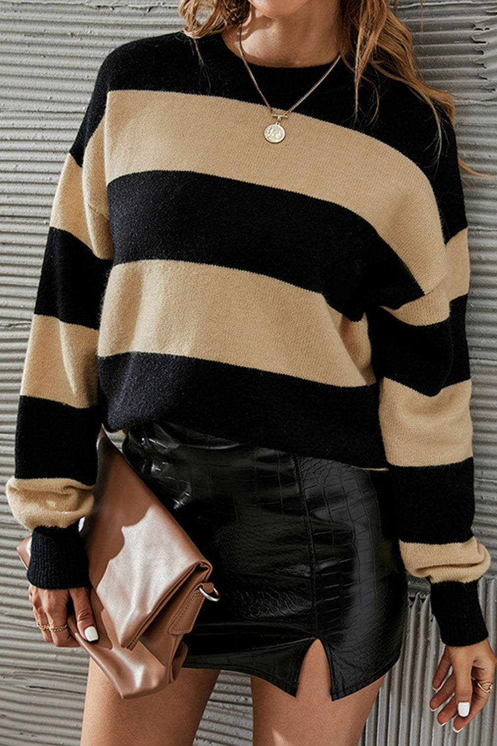 Women Superb Stripe Pattern Round Neck Cozy Long Sleeve Thin Knitted Winter Sweater