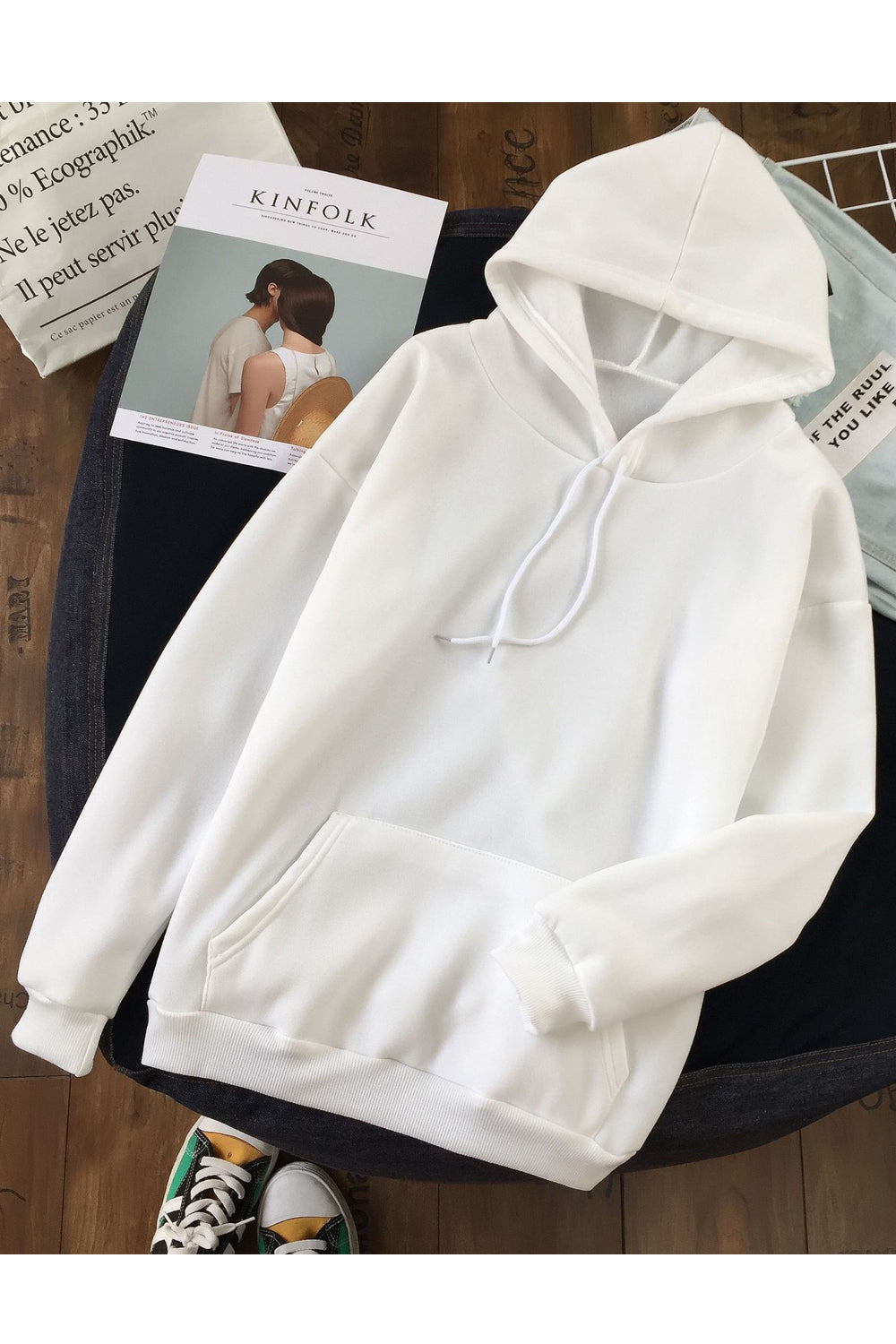 Women Superb Solid Colored Loose Long Sleeve Pocket Styled Durable Drawstring Pullover Hoodie