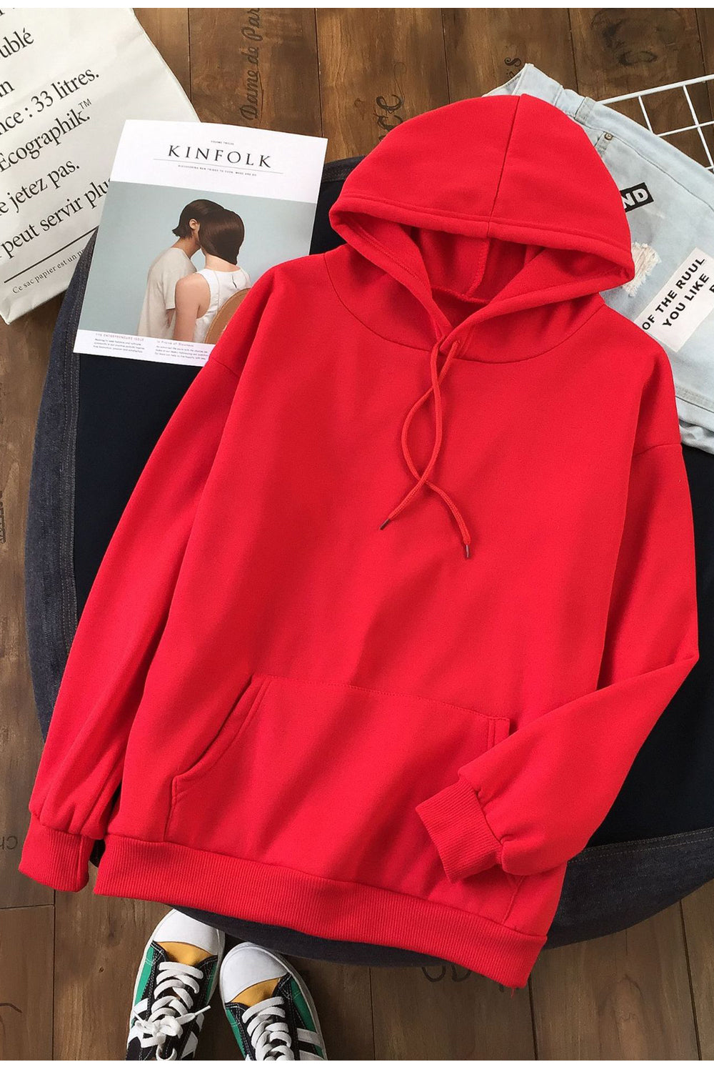 Women Superb Solid Colored Loose Long Sleeve Pocket Styled Durable Drawstring Pullover Hoodie