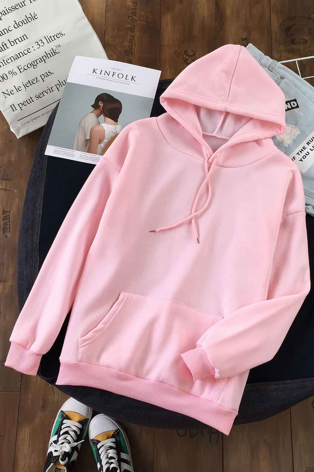 Women Superb Solid Colored Loose Long Sleeve Pocket Styled Durable Drawstring Pullover Hoodie
