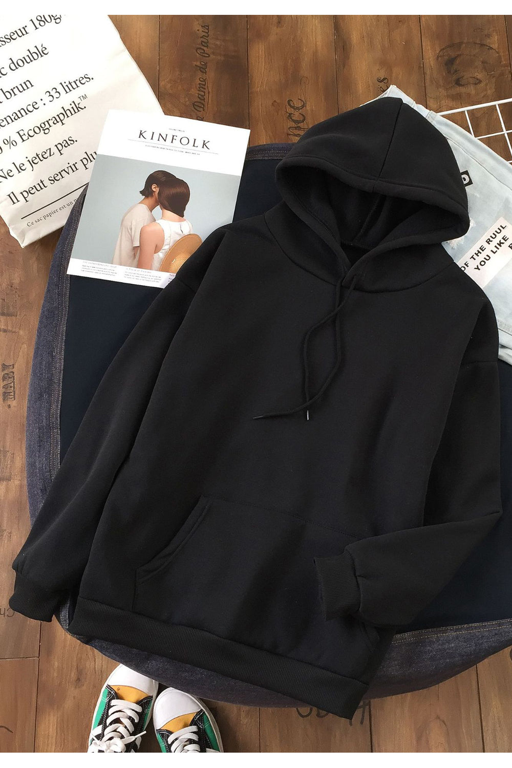 Women Superb Solid Colored Loose Long Sleeve Pocket Styled Durable Drawstring Pullover Hoodie