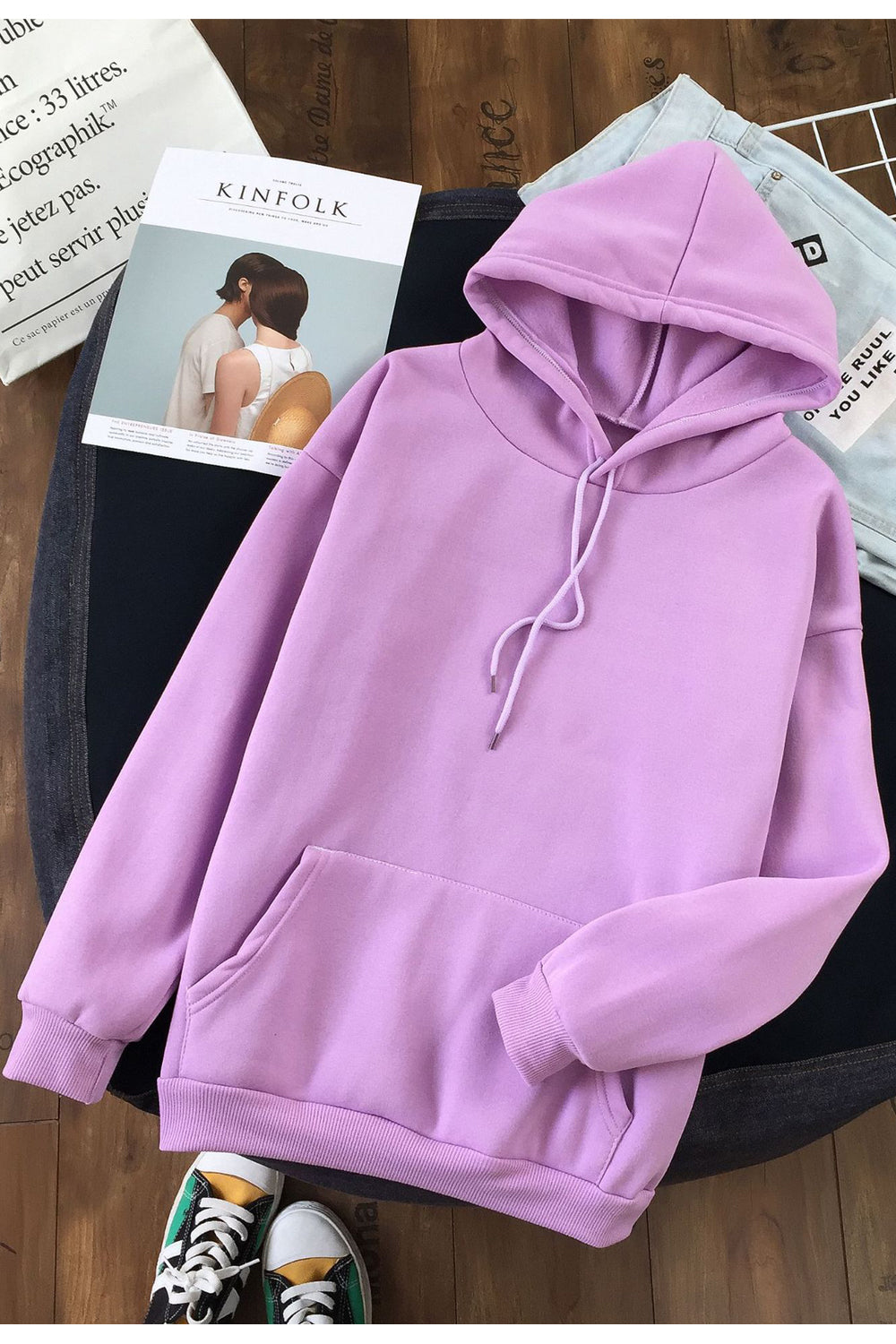 Women Superb Solid Colored Loose Long Sleeve Pocket Styled Durable Drawstring Pullover Hoodie