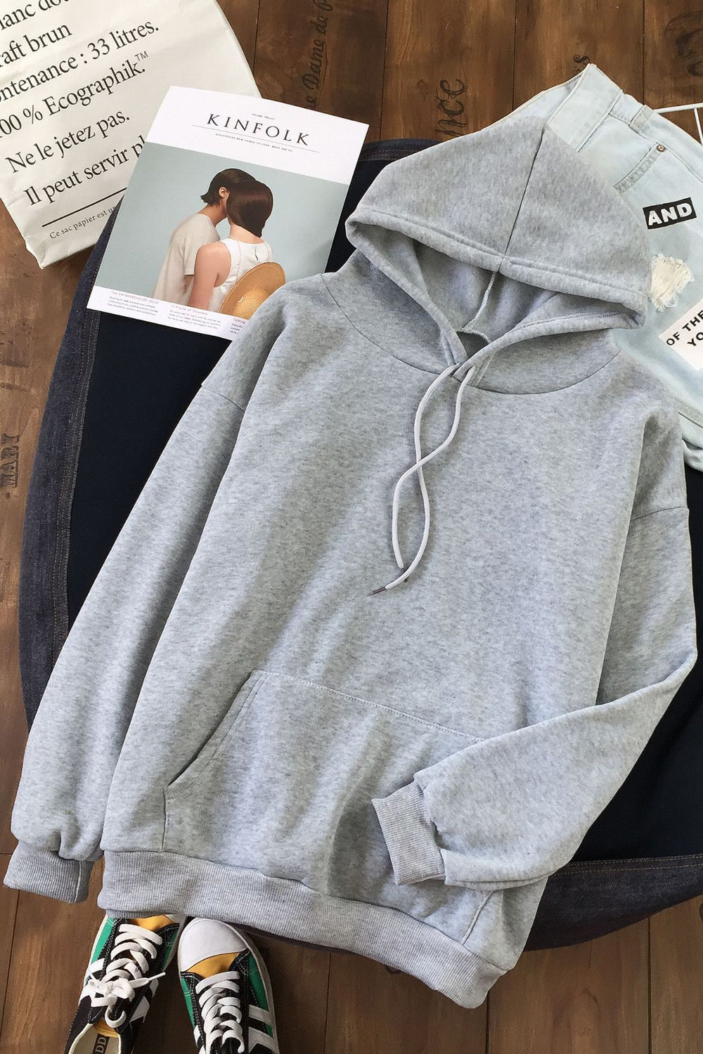 Women Superb Solid Colored Loose Long Sleeve Pocket Styled Durable Drawstring Pullover Hoodie