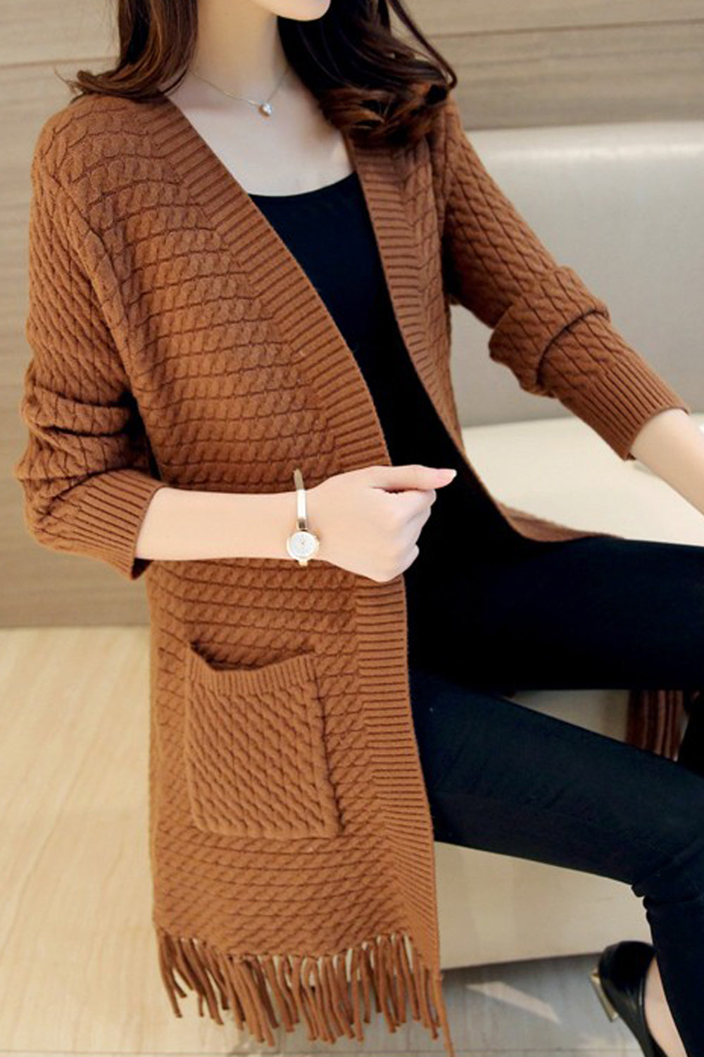 Women Beautiful Front Open Simple Pockets Knitted Designed Long Sleeve Lovely Winter Cardigan