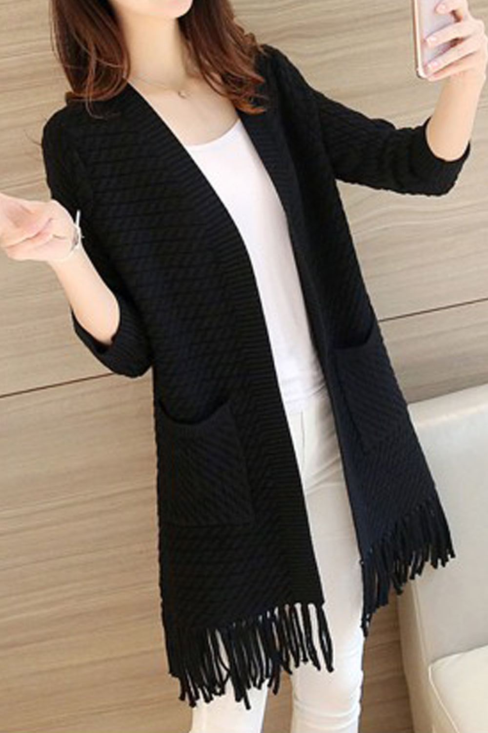 Women Beautiful Front Open Simple Pockets Knitted Designed Long Sleeve Lovely Winter Cardigan