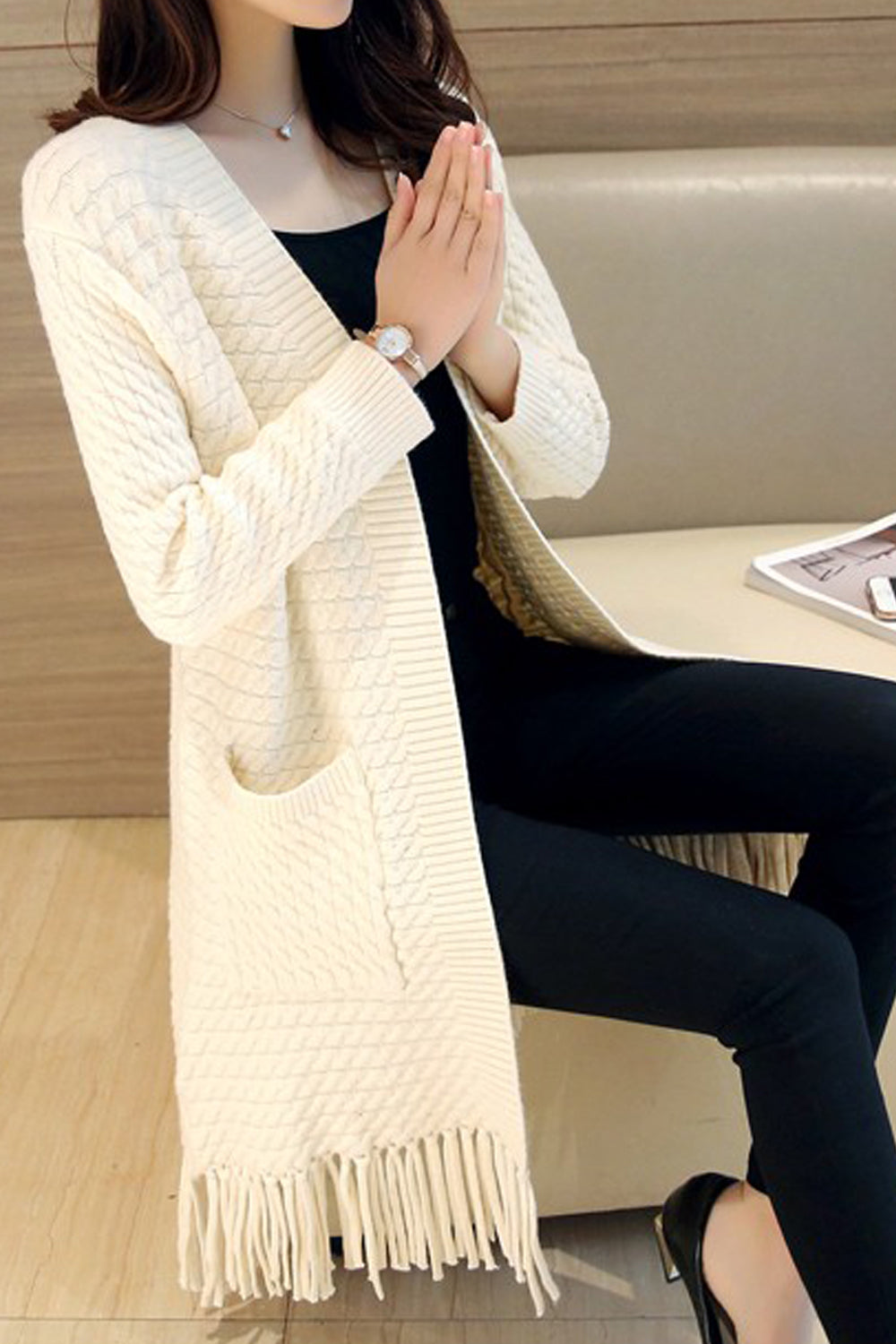 Women Beautiful Front Open Simple Pockets Knitted Designed Long Sleeve Lovely Winter Cardigan