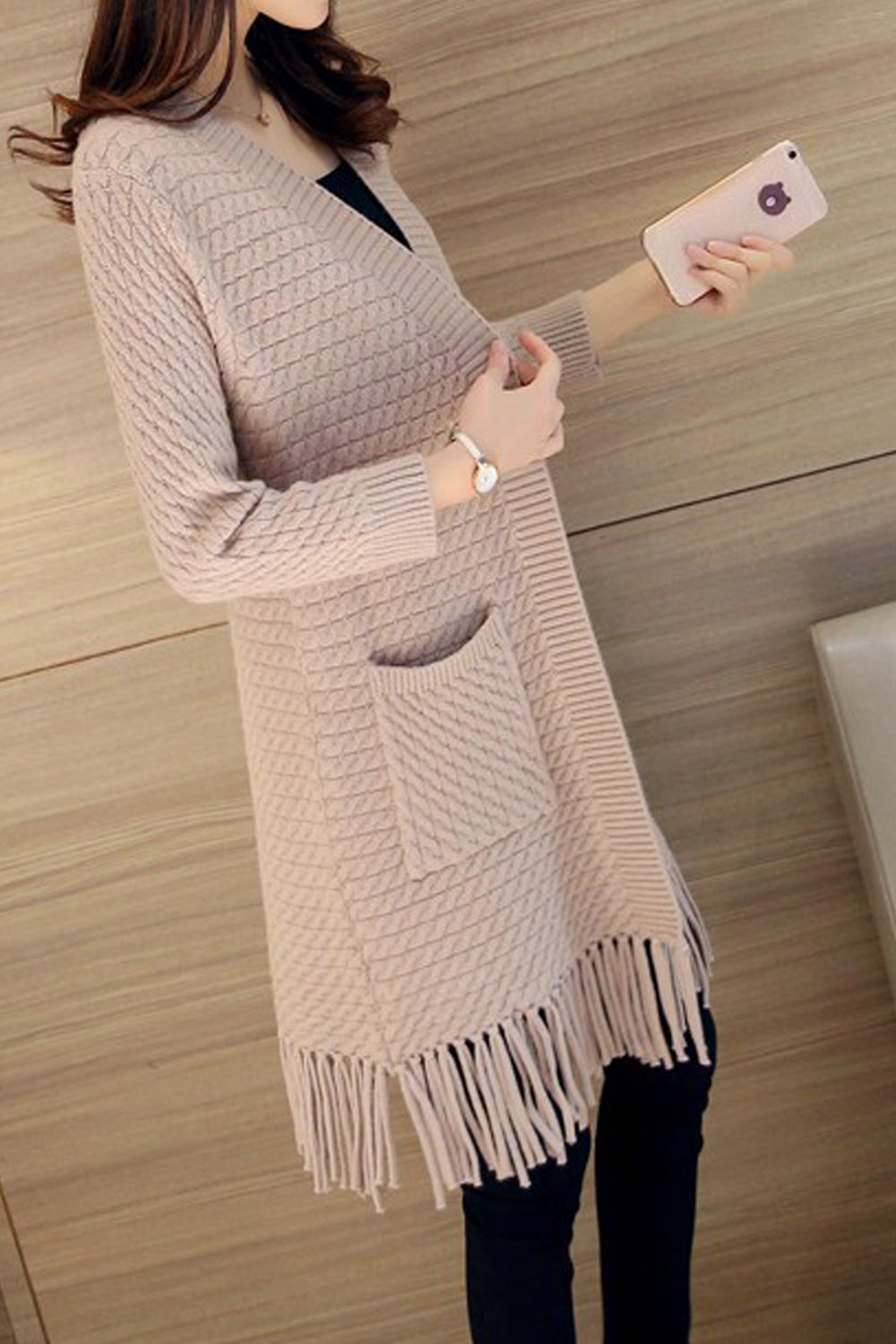Women Beautiful Front Open Simple Pockets Knitted Designed Long Sleeve Lovely Winter Cardigan