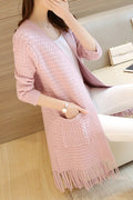 Women Beautiful Front Open Simple Pockets Knitted Designed Long Sleeve Lovely Winter Cardigan
