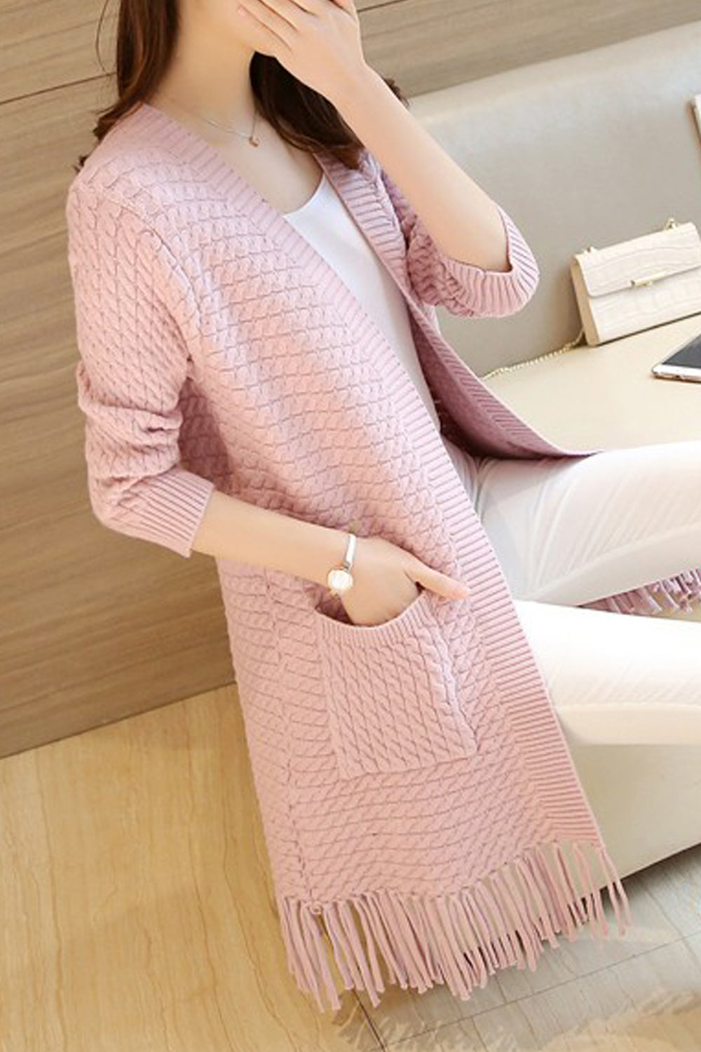 Women Beautiful Front Open Simple Pockets Knitted Designed Long Sleeve Lovely Winter Cardigan
