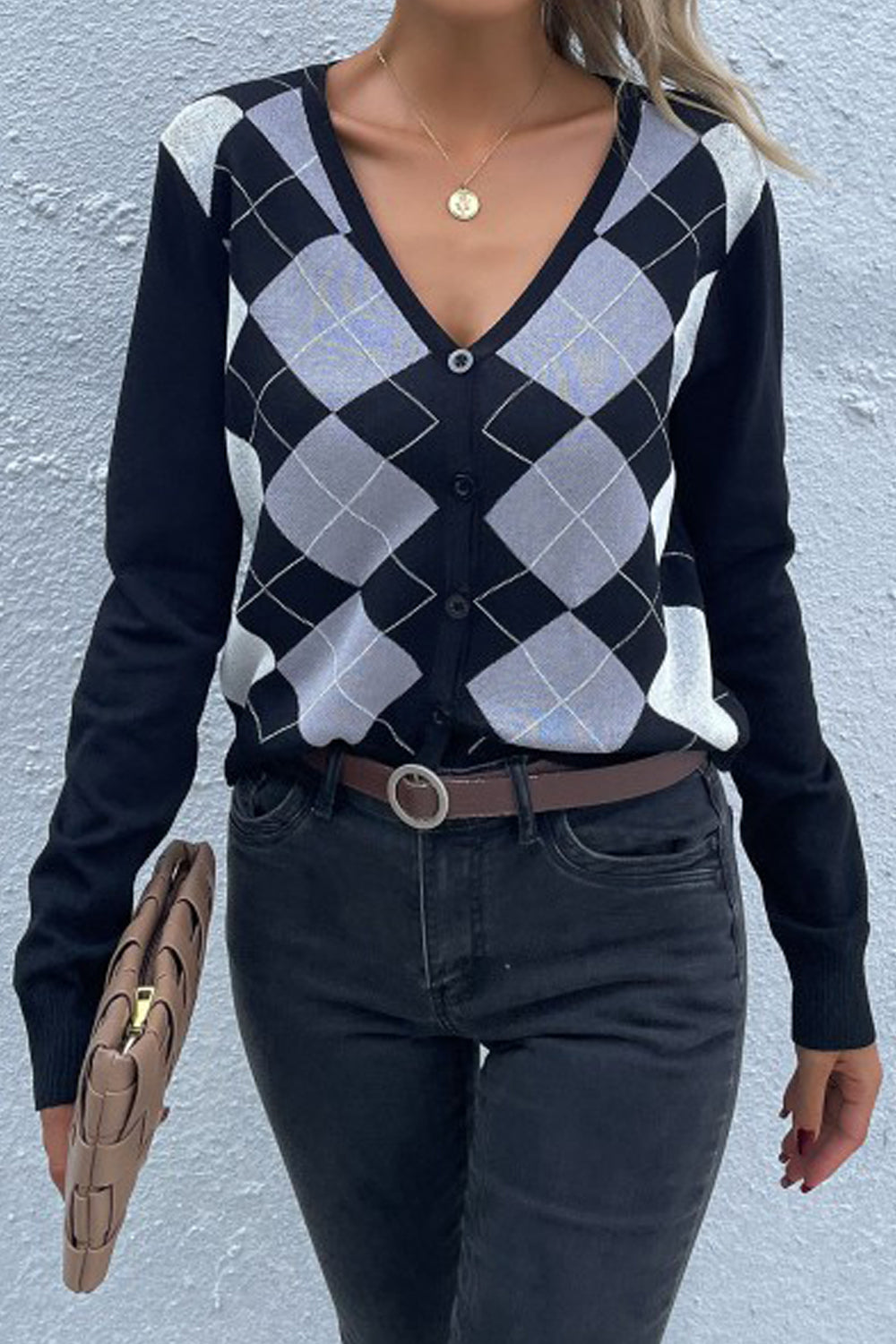Women Fantastic Plaid Pattern V-Neck Long Sleeve Exciting Warm Winter Cardigan