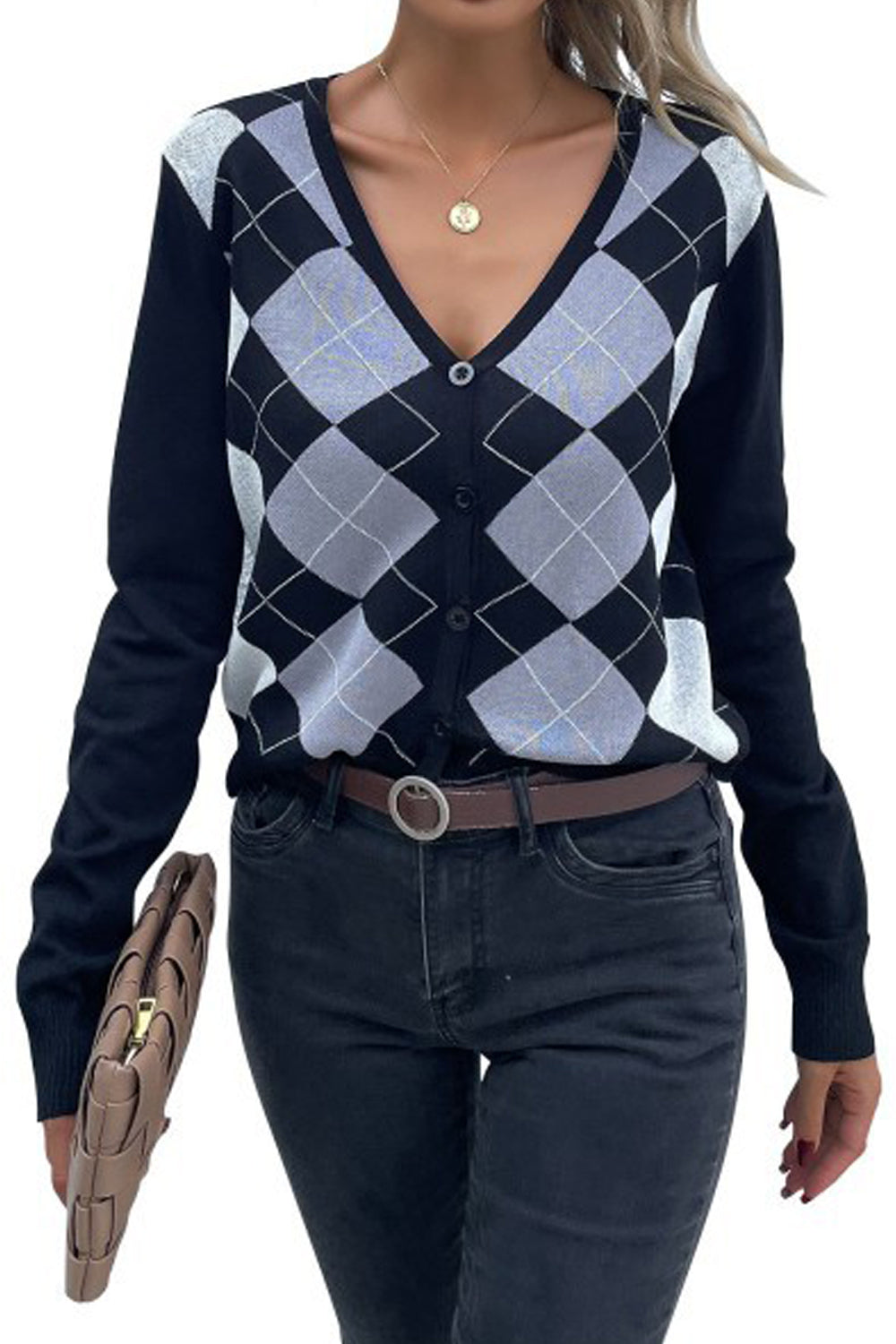 Women Fantastic Plaid Pattern V-Neck Long Sleeve Exciting Warm Winter Cardigan