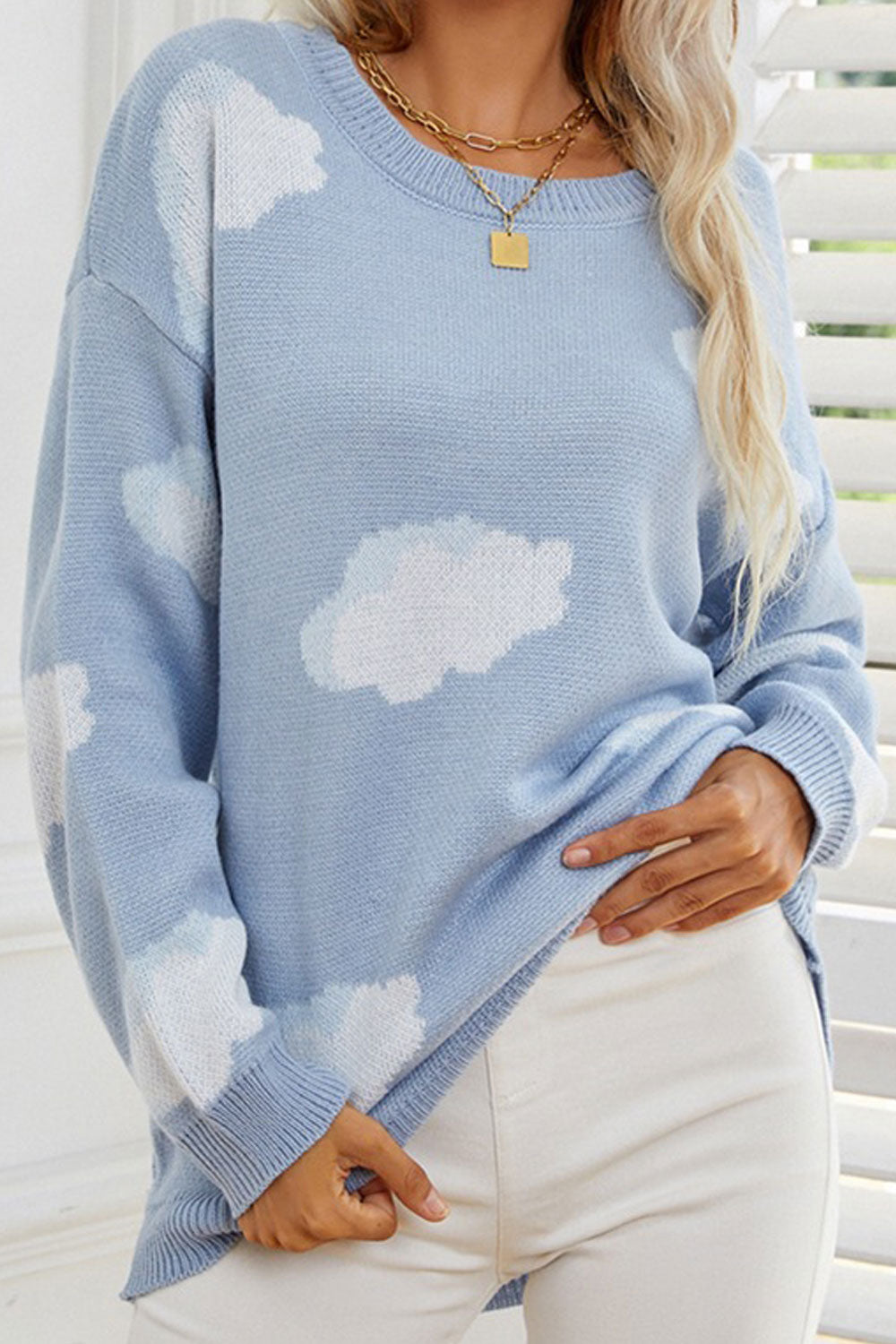 Women Nice Printed Pattern Round Neck Pullover Knitted Winter Casual Warm Sweater