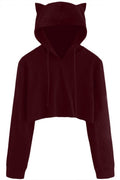 Women Elegant Drawstring Closure Beautiful Cat Style Hood Winter Short Hoodie