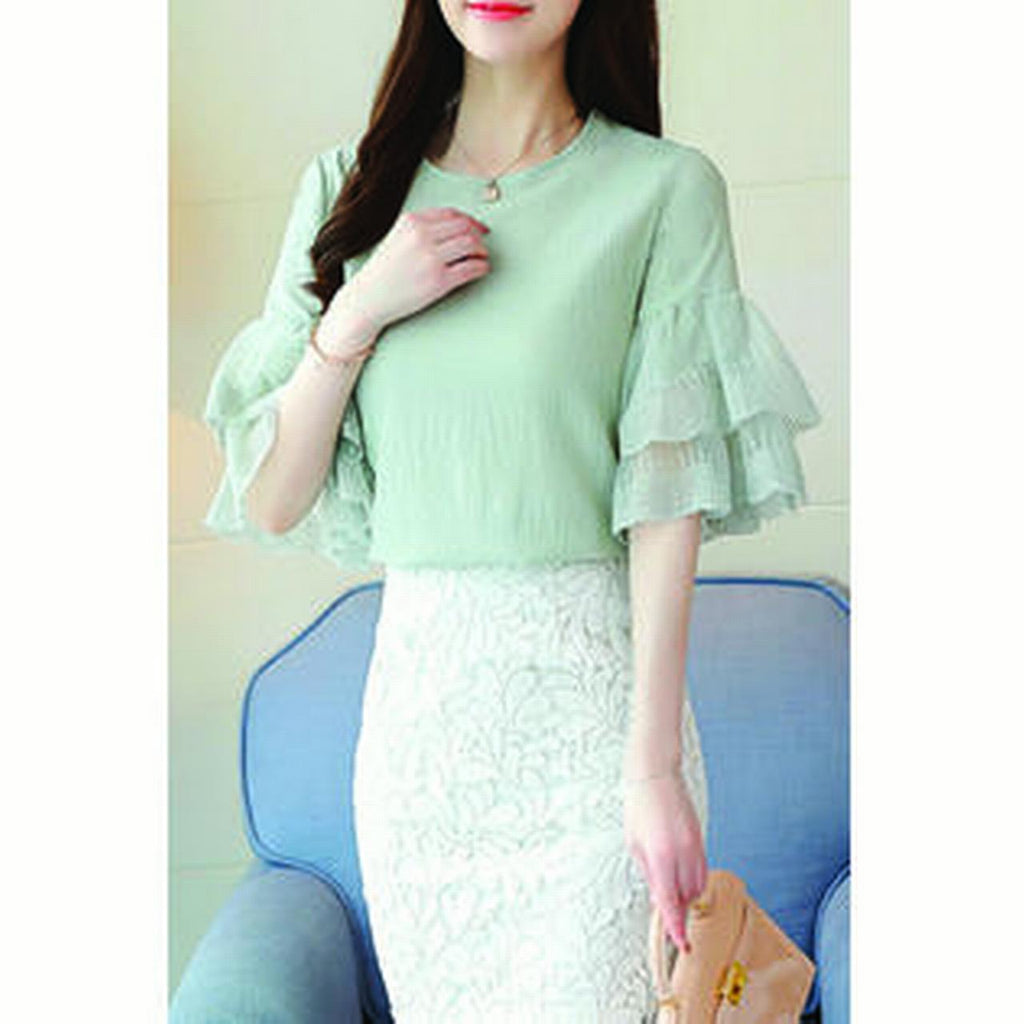 Women Beautiful Layered Bell Short Sleeve Round Neck Solid Pattern Breathable & Comfy Blouse