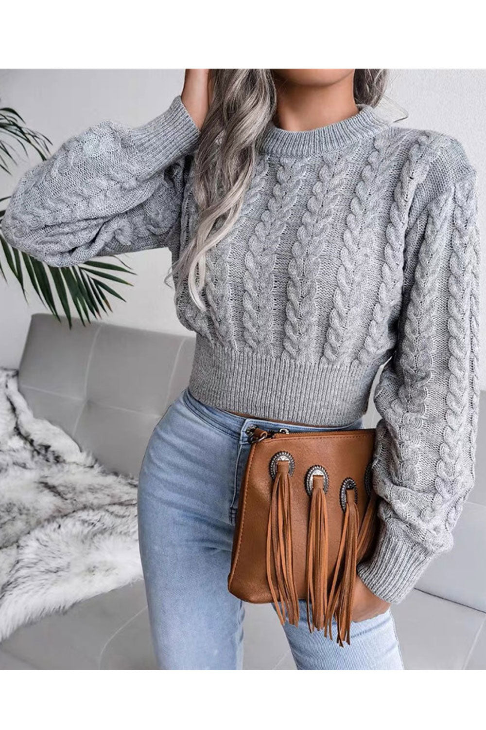 Women Knitted Designed Ribbed Hem & Cuff Round Neck Elegant Warm Winter Sweater