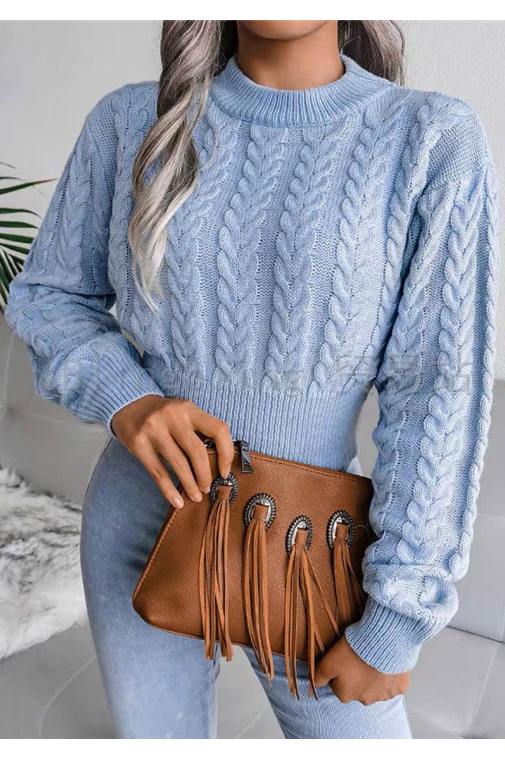 Women Knitted Designed Ribbed Hem & Cuff Round Neck Elegant Warm Winter Sweater