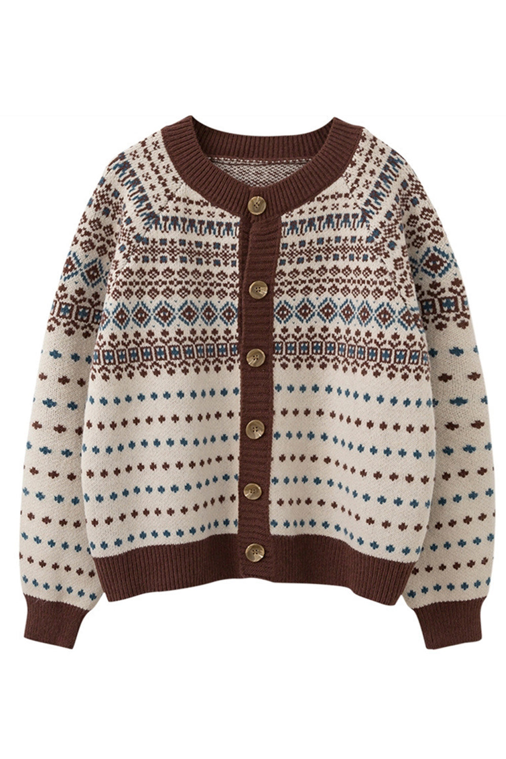 Women Elegant Round Neck Printed Pattern Button Closure Easy Fit Warm Winter Cardigan