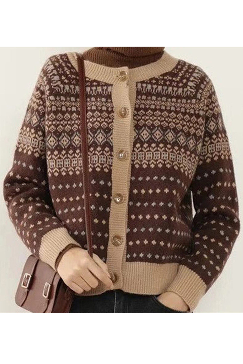 Women Elegant Round Neck Printed Pattern Button Closure Easy Fit Warm Winter Cardigan