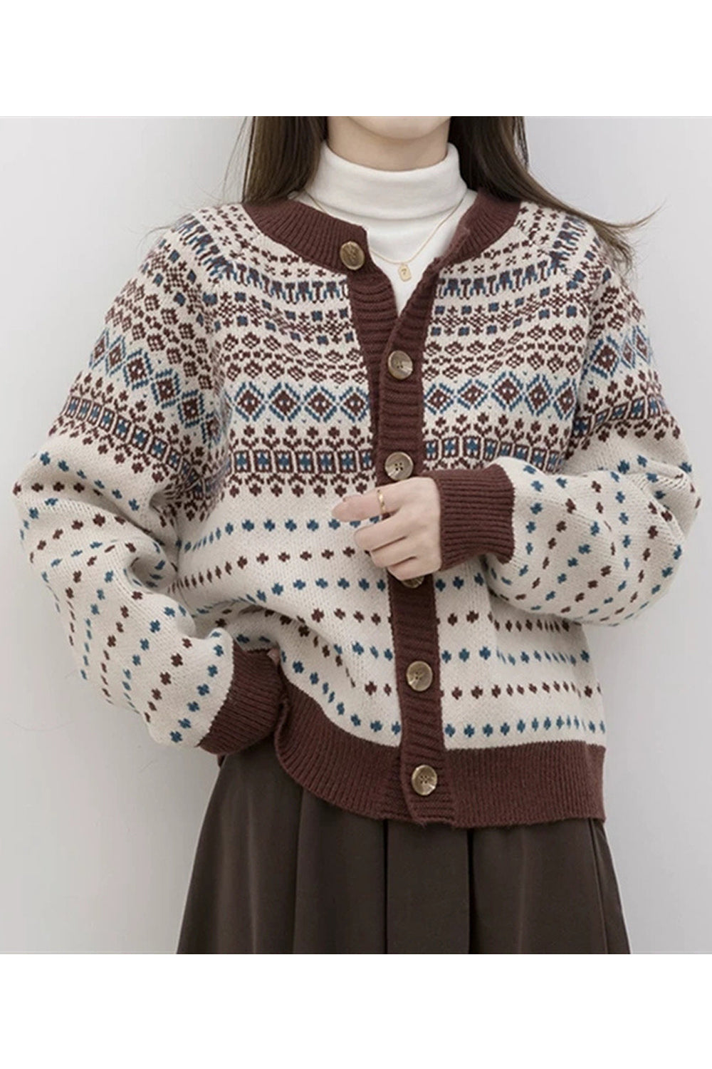 Women Elegant Round Neck Printed Pattern Button Closure Easy Fit Warm Winter Cardigan
