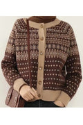 Women Elegant Round Neck Printed Pattern Button Closure Easy Fit Warm Winter Cardigan