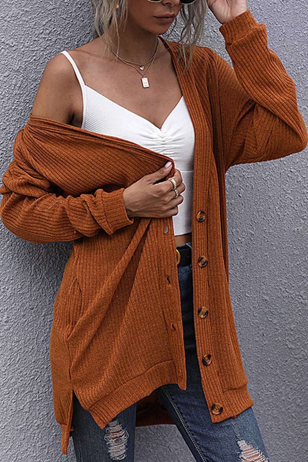Women Casual Mid-Length Front Open Style Long Sleeve Simple Pockets Winter Cardigan