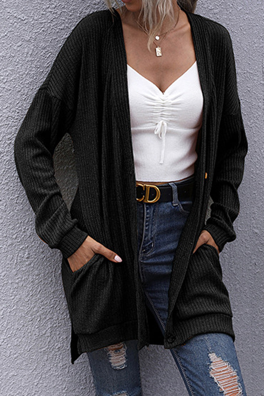 Women Casual Mid-Length Front Open Style Long Sleeve Simple Pockets Winter Cardigan