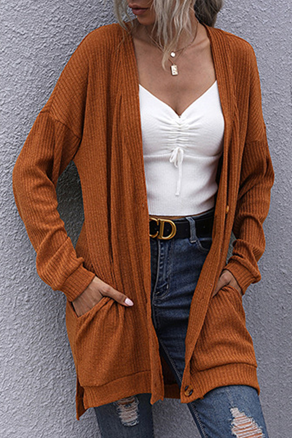 Women Casual Mid-Length Front Open Style Long Sleeve Simple Pockets Winter Cardigan