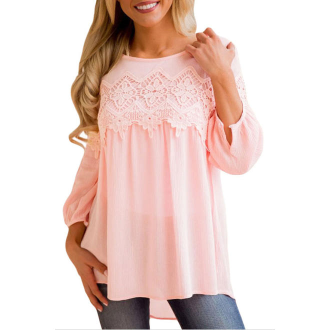Women Long Sleeve Round Neck Casual Lace Top