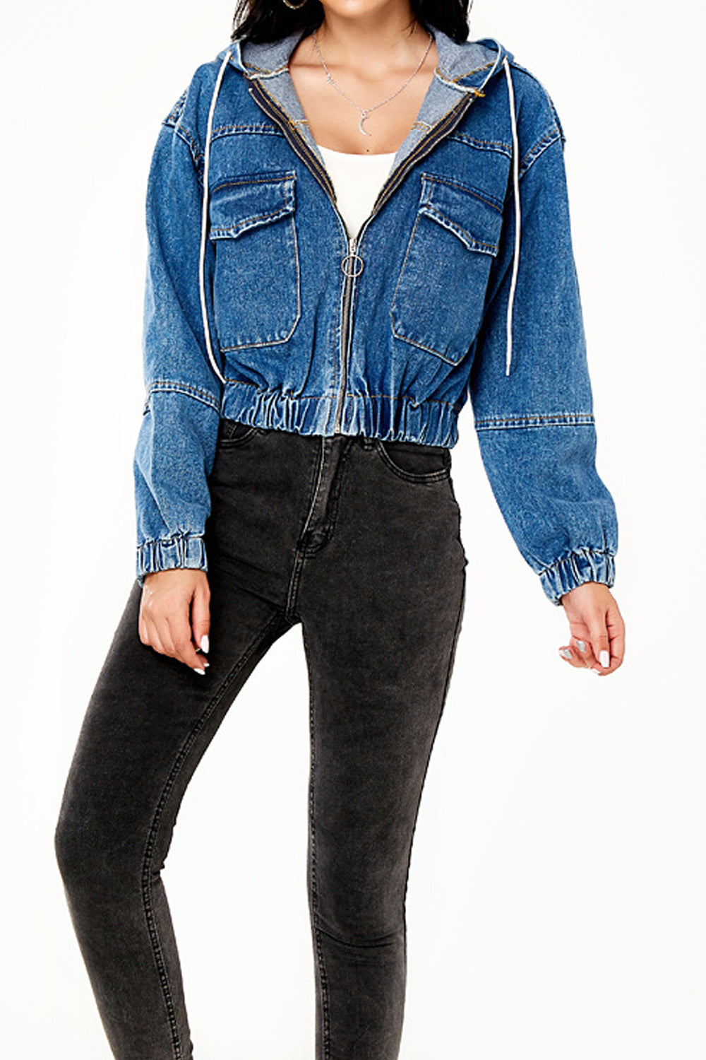 Women Long Sleeve Loose Hood Neck Zipper Closure Solid Colored Warm Denim Jacket